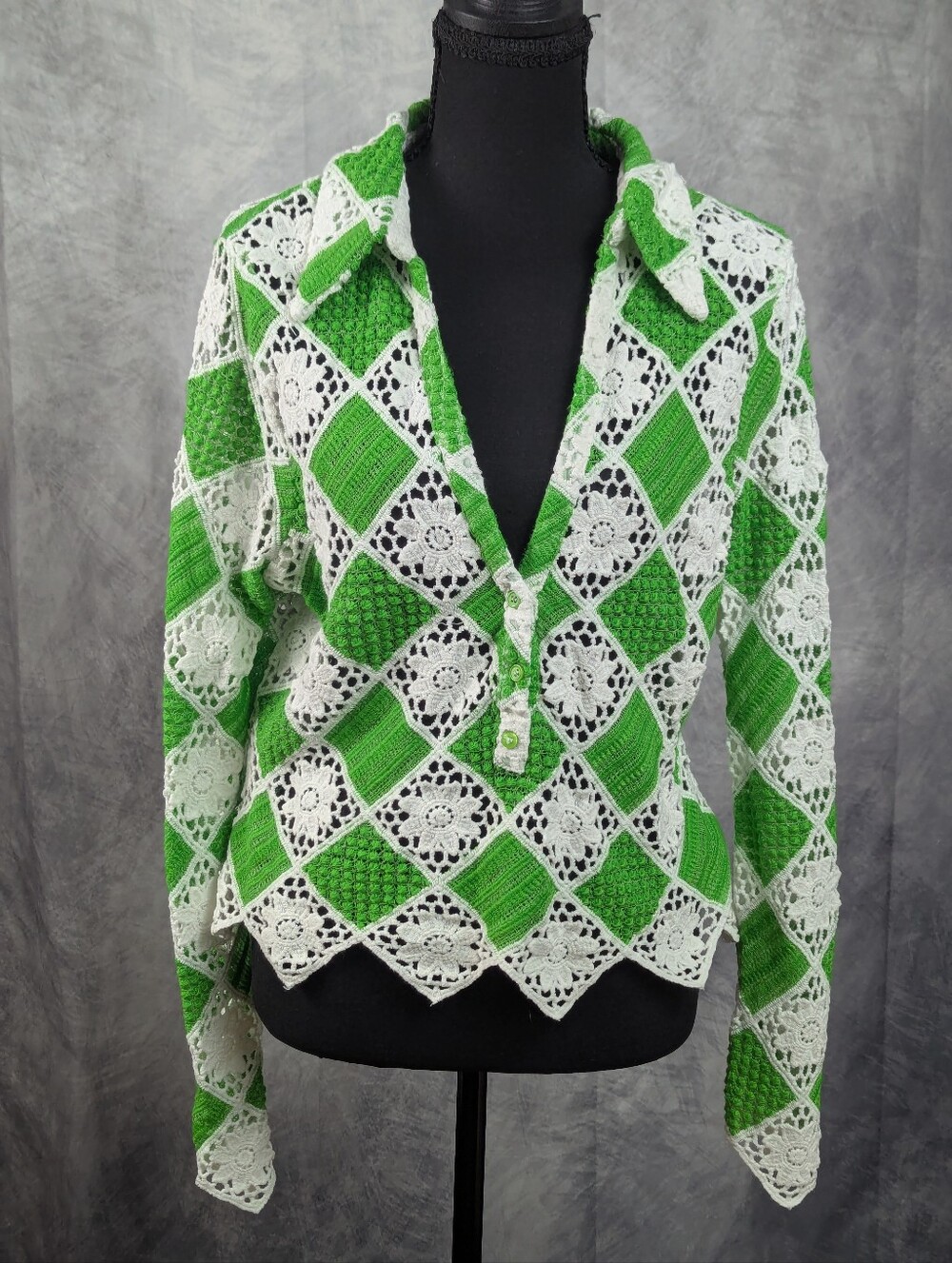 Zara Green and White Crochet Pattern Top